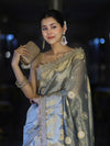 Banarasee Tissue Zari Saree With Handwork Pearl Motifs & Mirror Work-Grey (Blue Tone)