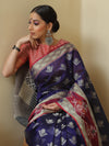Banarasee Cotton Silk Floral Buta Ikkat Weaving Saree-Blue