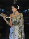 Banarasee Tissue Zari Saree With Handwork Pearl Motifs & Mirror Work-Grey (Blue Tone)