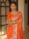 Banarasee Handwoven Semi-Chiffon Saree With Silver Zari Work-Orange