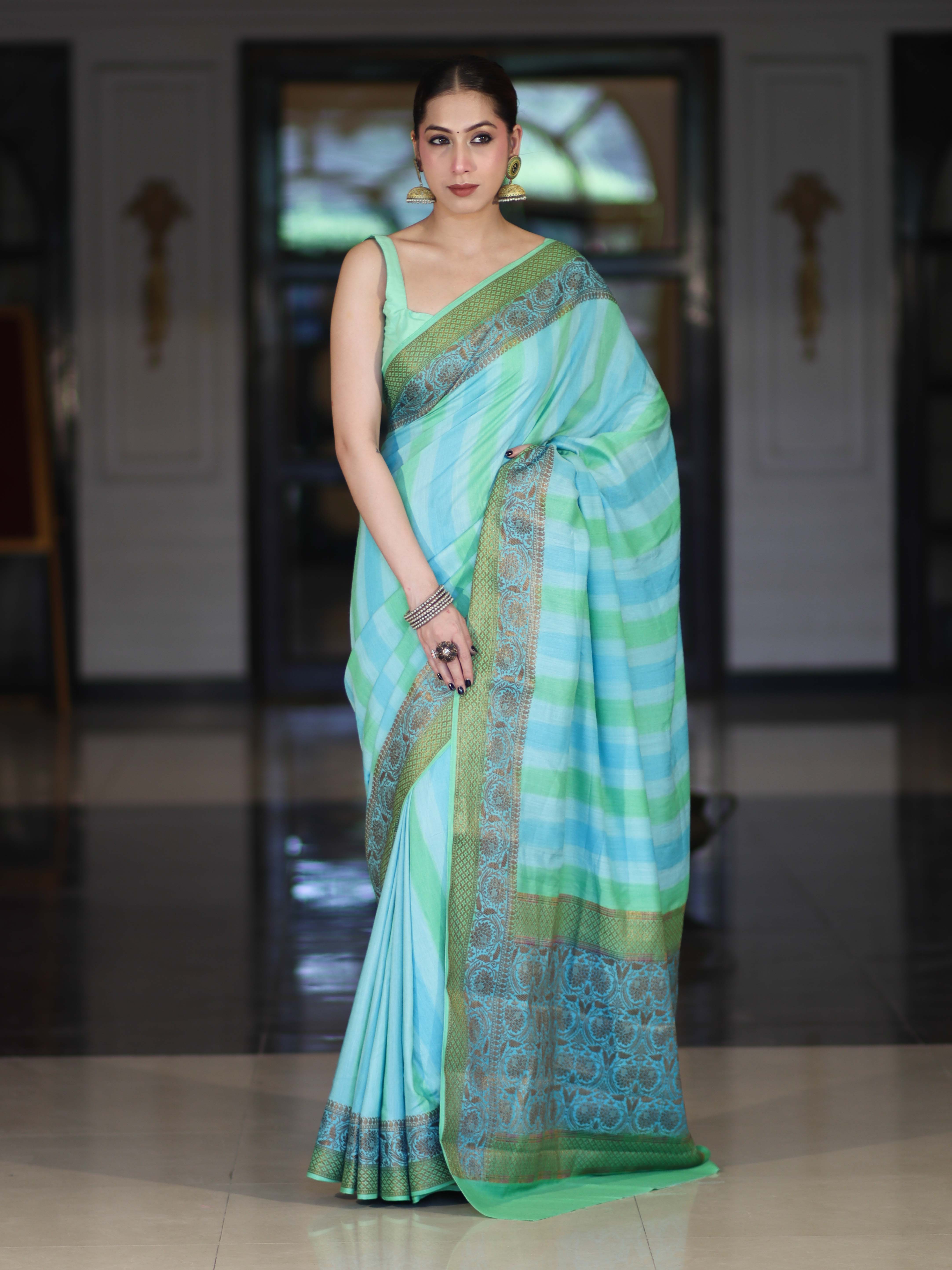 Banarasee Handloom Pure Munga Silk Hand Painted Saree With Antique Zari Work-Light Green & Blue