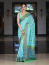 Banarasee Handloom Pure Munga Silk Hand Painted Saree With Antique Zari Work-Light Green & Blue