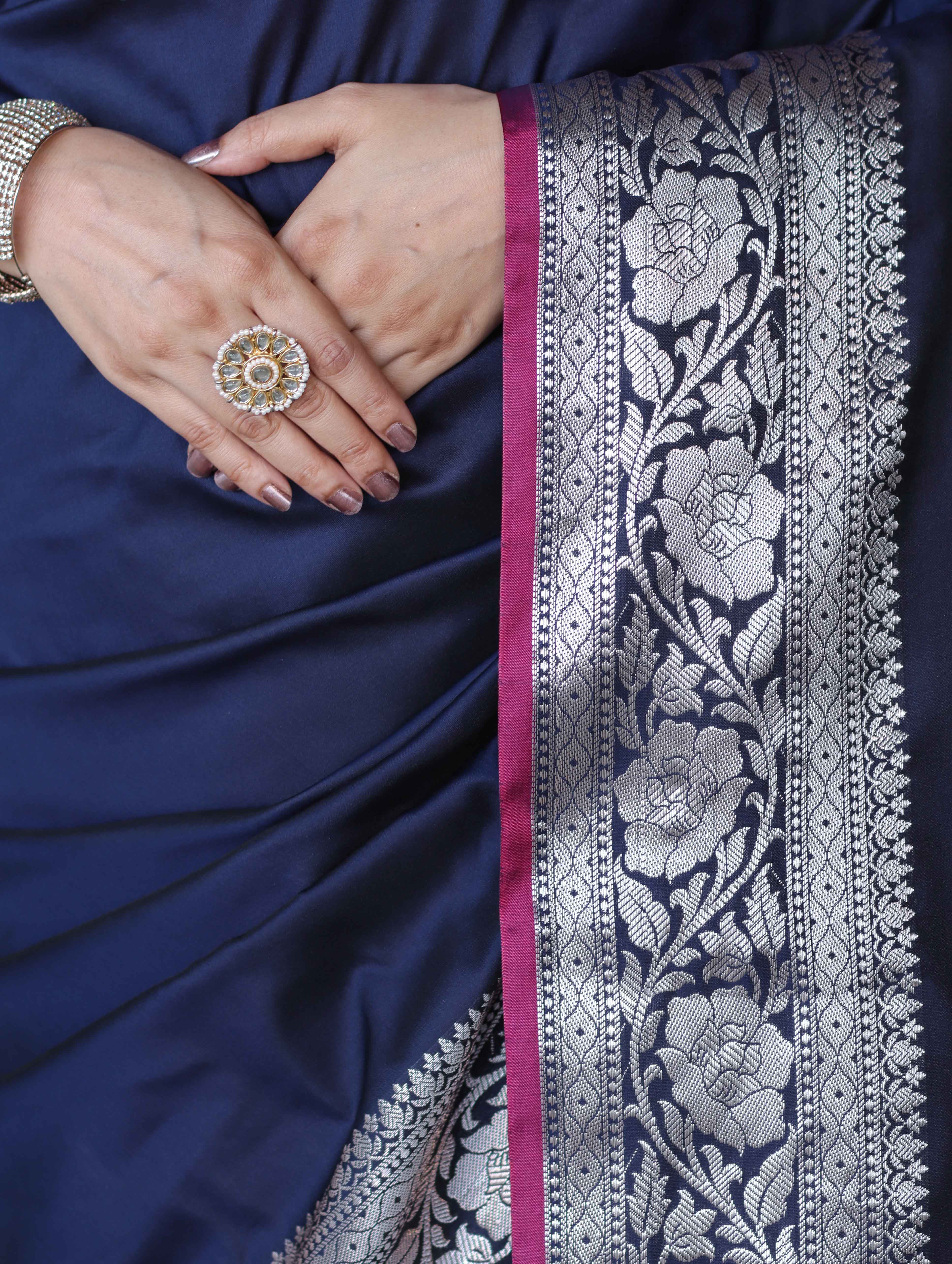 Banarasee Handloom Semi Silk Plain Saree With Silver Zari Floral Border-Navy Blue
