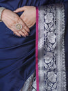 Banarasee Handloom Semi Silk Plain Saree With Silver Zari Floral Border-Navy Blue