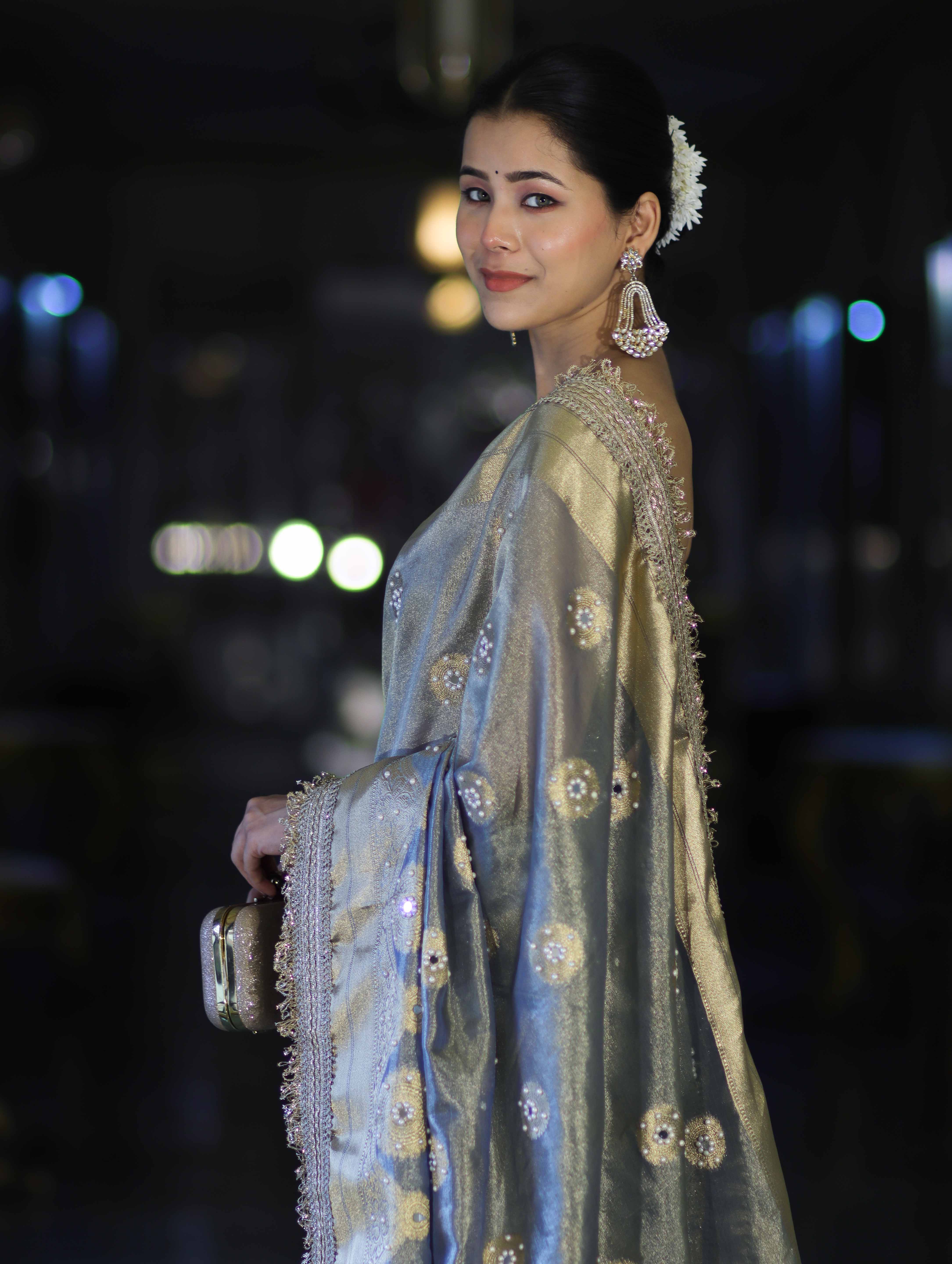 Banarasee Tissue Zari Saree With Handwork Pearl Motifs & Mirror Work-Grey (Blue Tone)