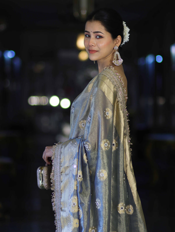 Banarasee Tissue Zari Saree With Handwork Pearl Motifs & Mirror Work-Grey (Blue Tone)