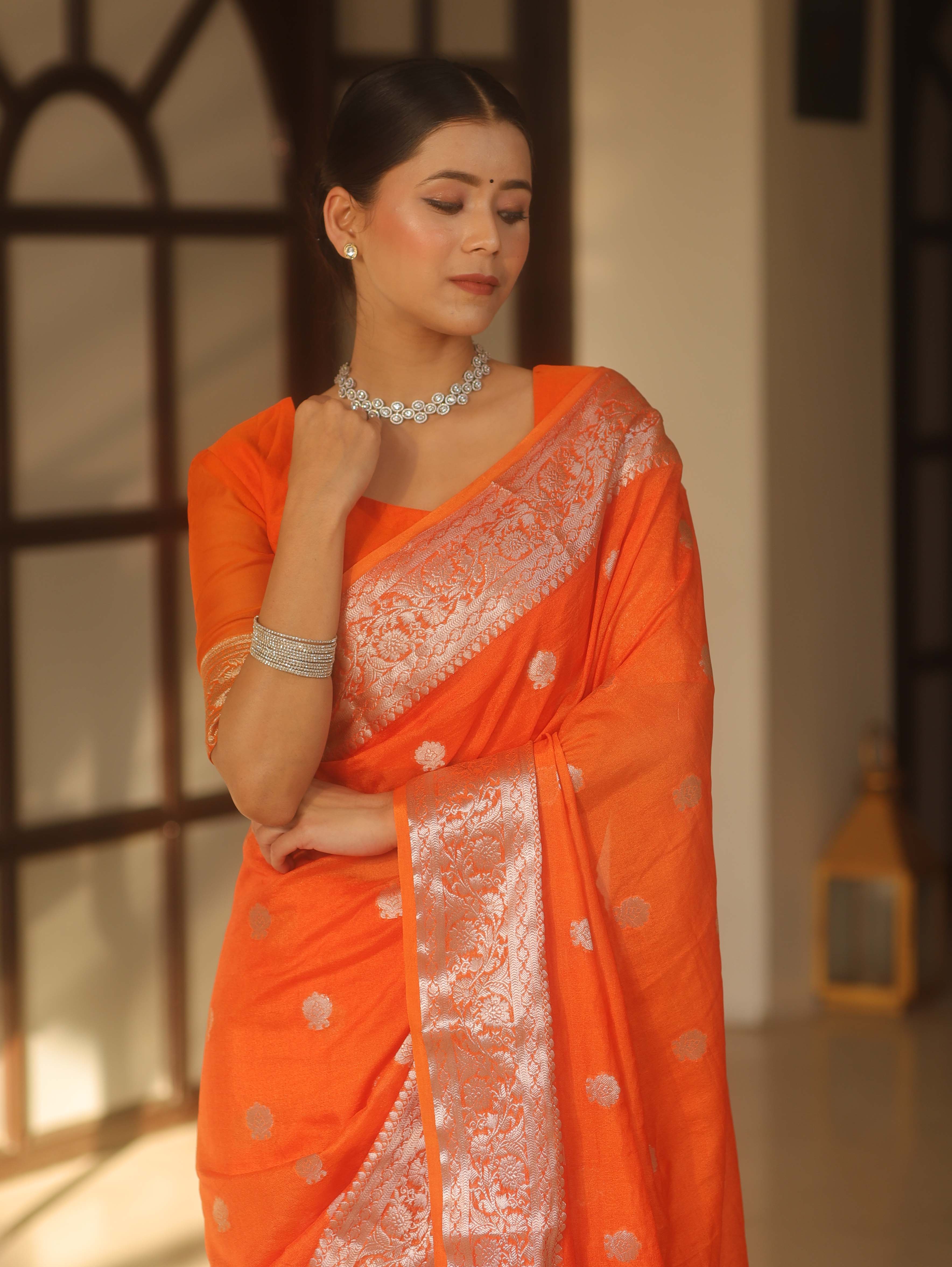 Banarasee Handwoven Semi-Chiffon Saree With Silver Zari Work-Orange