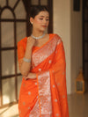 Banarasee Handwoven Semi-Chiffon Saree With Silver Zari Work-Orange