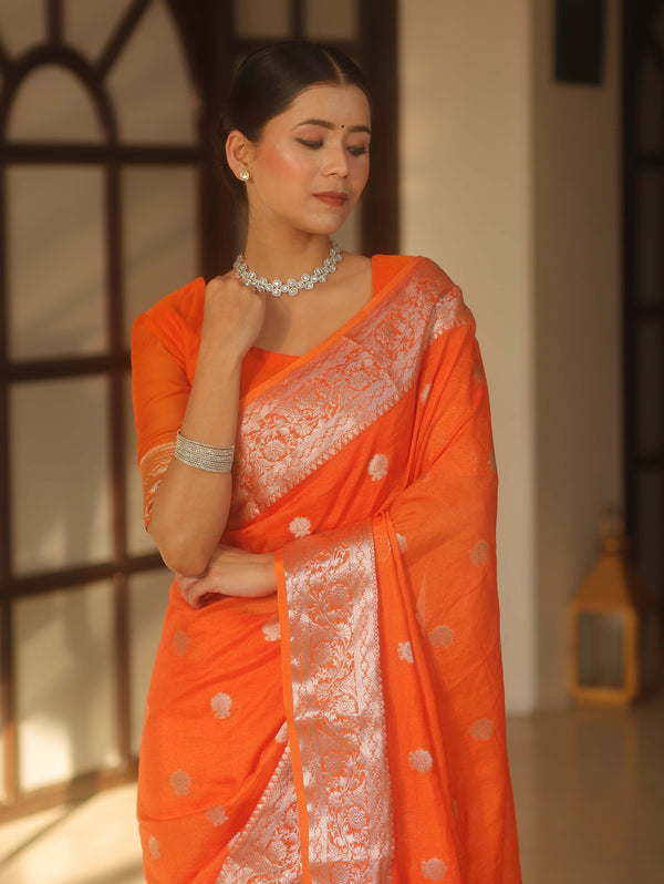 Banarasee Handwoven Semi-Chiffon Saree With Silver Zari Work-Orange