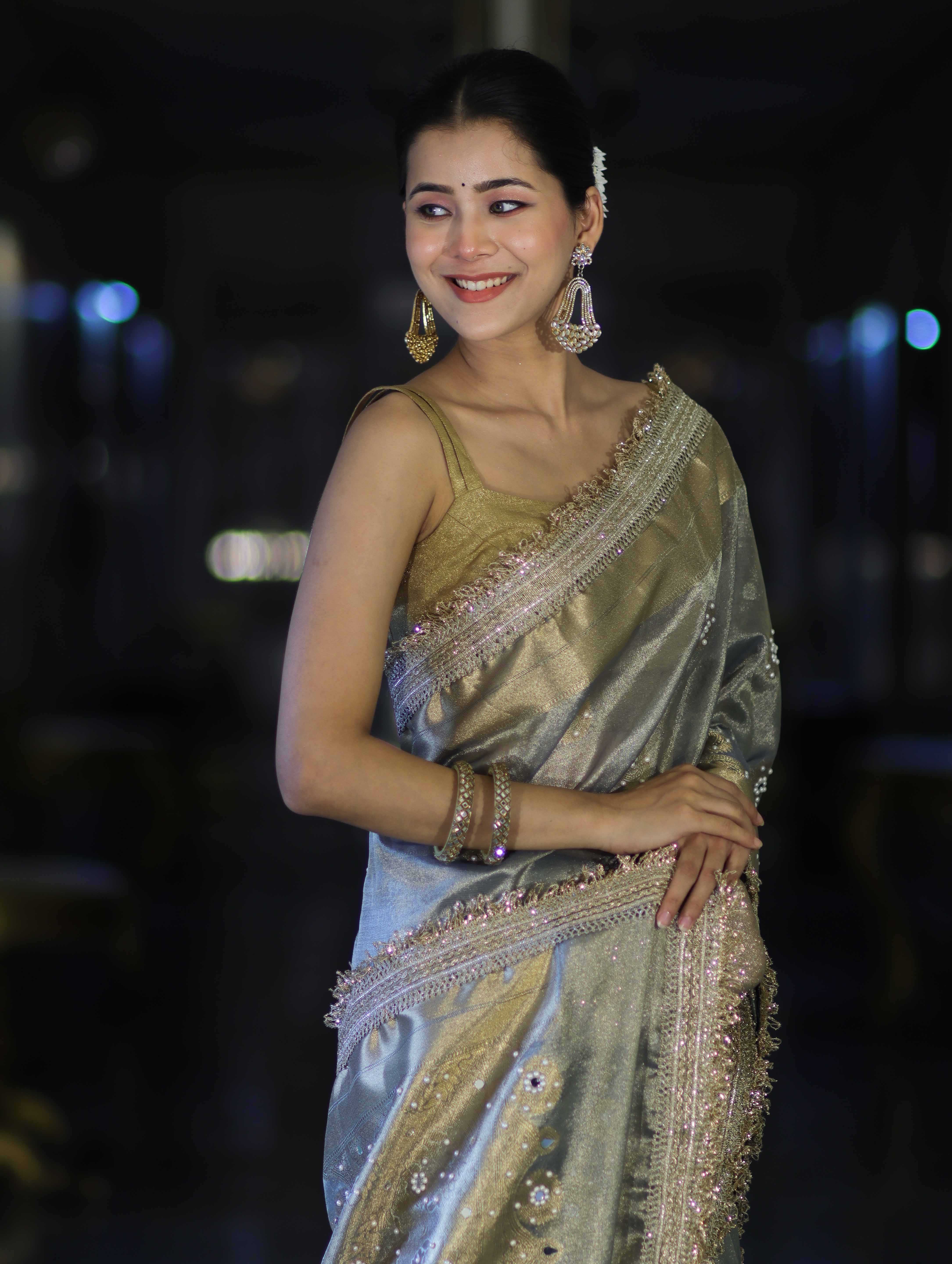 Banarasee Tissue Zari Saree With Handwork Pearl Motifs & Mirror Work-Grey (Blue Tone)