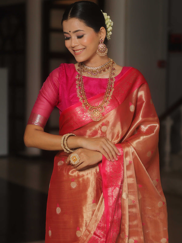 Banarasee Contrast Border Buta Design Tissue Saree-Red & Pink
