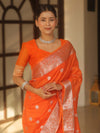 Banarasee Handwoven Semi-Chiffon Saree With Silver Zari Work-Orange