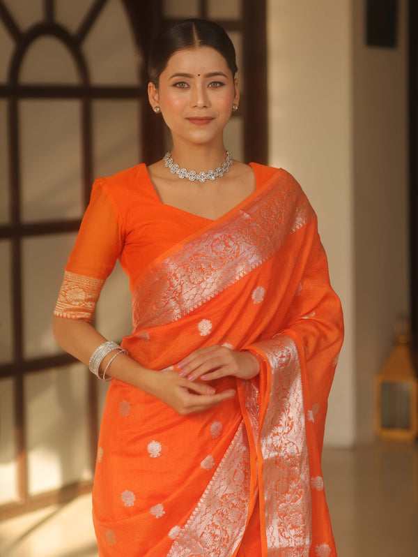 Banarasee Handwoven Semi-Chiffon Saree With Silver Zari Work-Orange