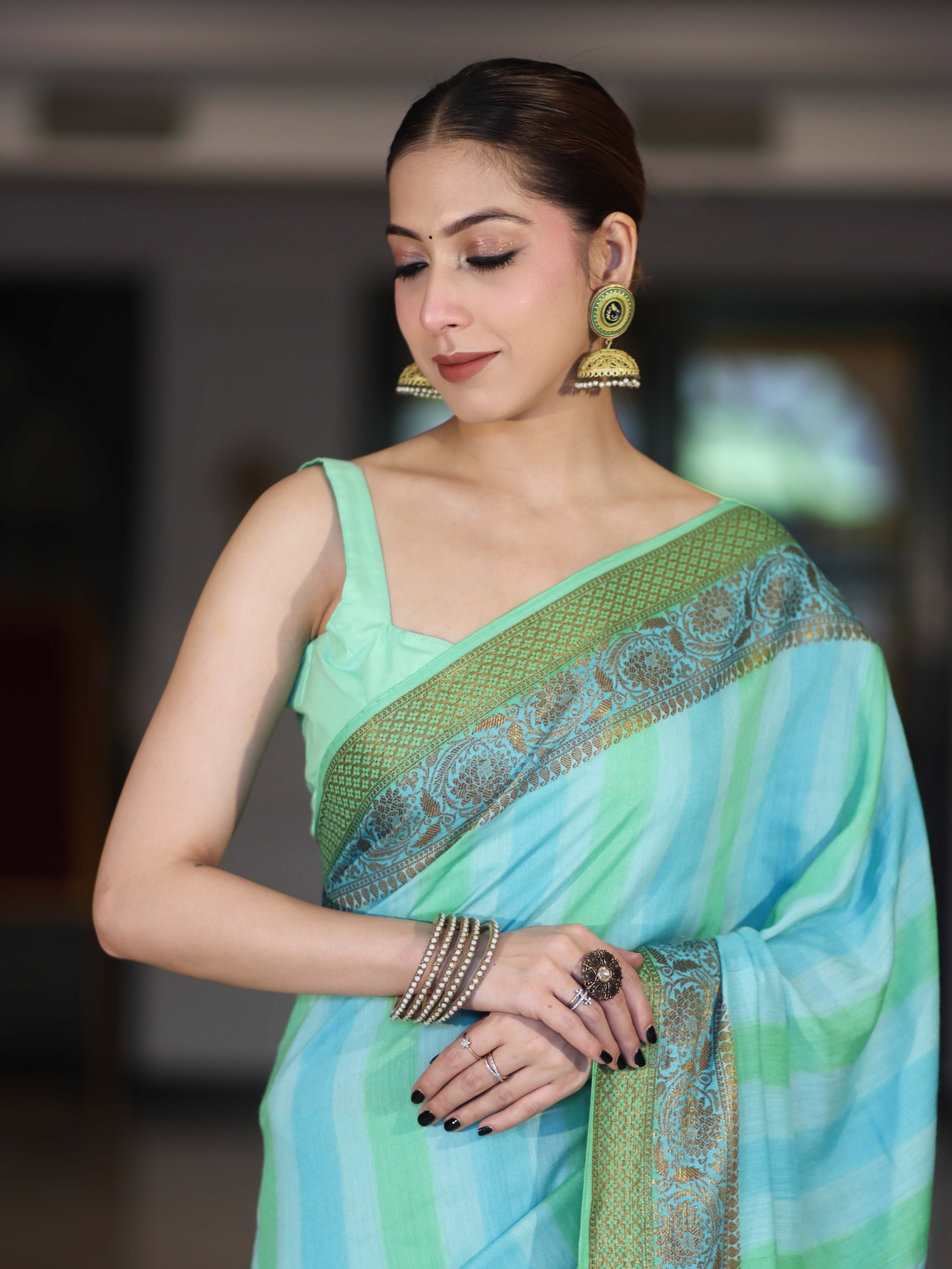 Banarasee Handloom Pure Munga Silk Hand Painted Saree With Antique Zari Work-Light Green & Blue