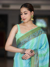 Banarasee Handloom Pure Munga Silk Hand Painted Saree With Antique Zari Work-Light Green & Blue