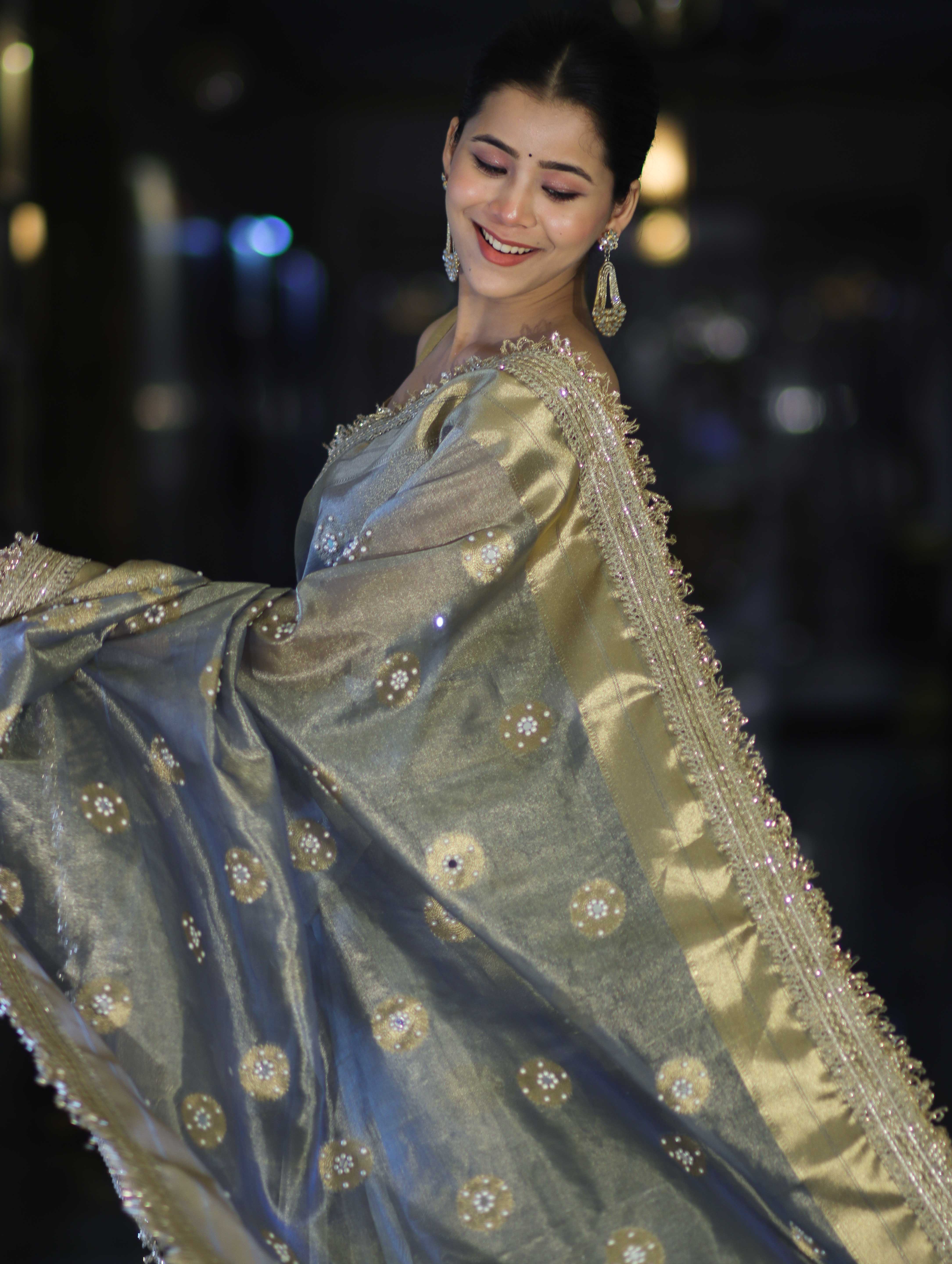 Banarasee Tissue Zari Saree With Handwork Pearl Motifs & Mirror Work-Grey (Blue Tone)