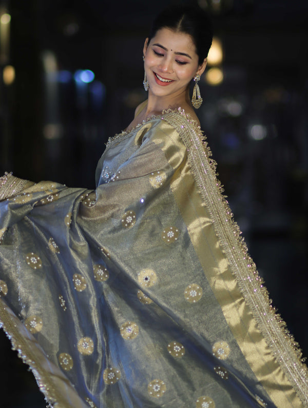 Banarasee Tissue Zari Saree With Handwork Pearl Motifs & Mirror Work-Grey (Blue Tone)