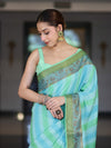 Banarasee Handloom Pure Munga Silk Hand Painted Saree With Antique Zari Work-Light Green & Blue