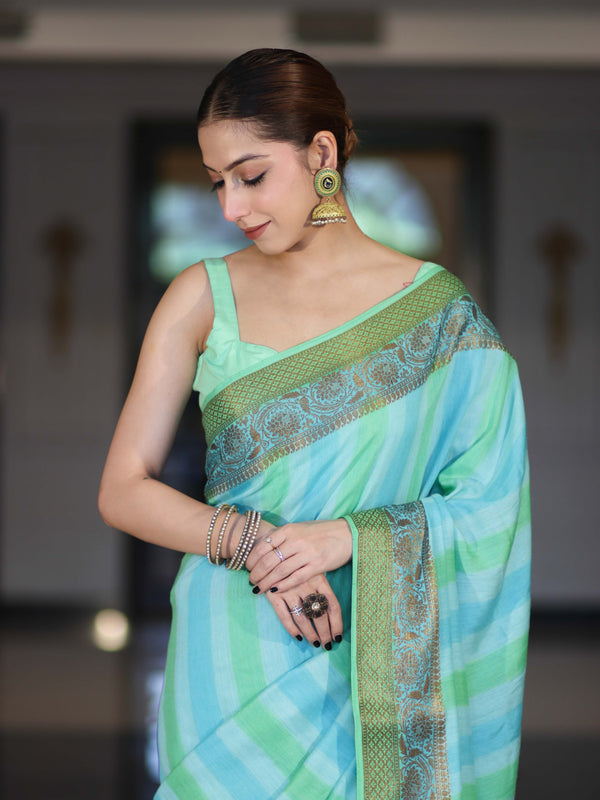 Banarasee Handloom Pure Munga Silk Hand Painted Saree With Antique Zari Work-Light Green & Blue