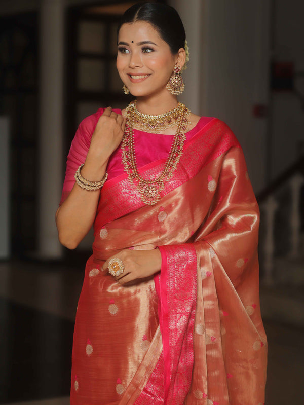 Banarasee Contrast Border Buta Design Tissue Saree-Red & Pink