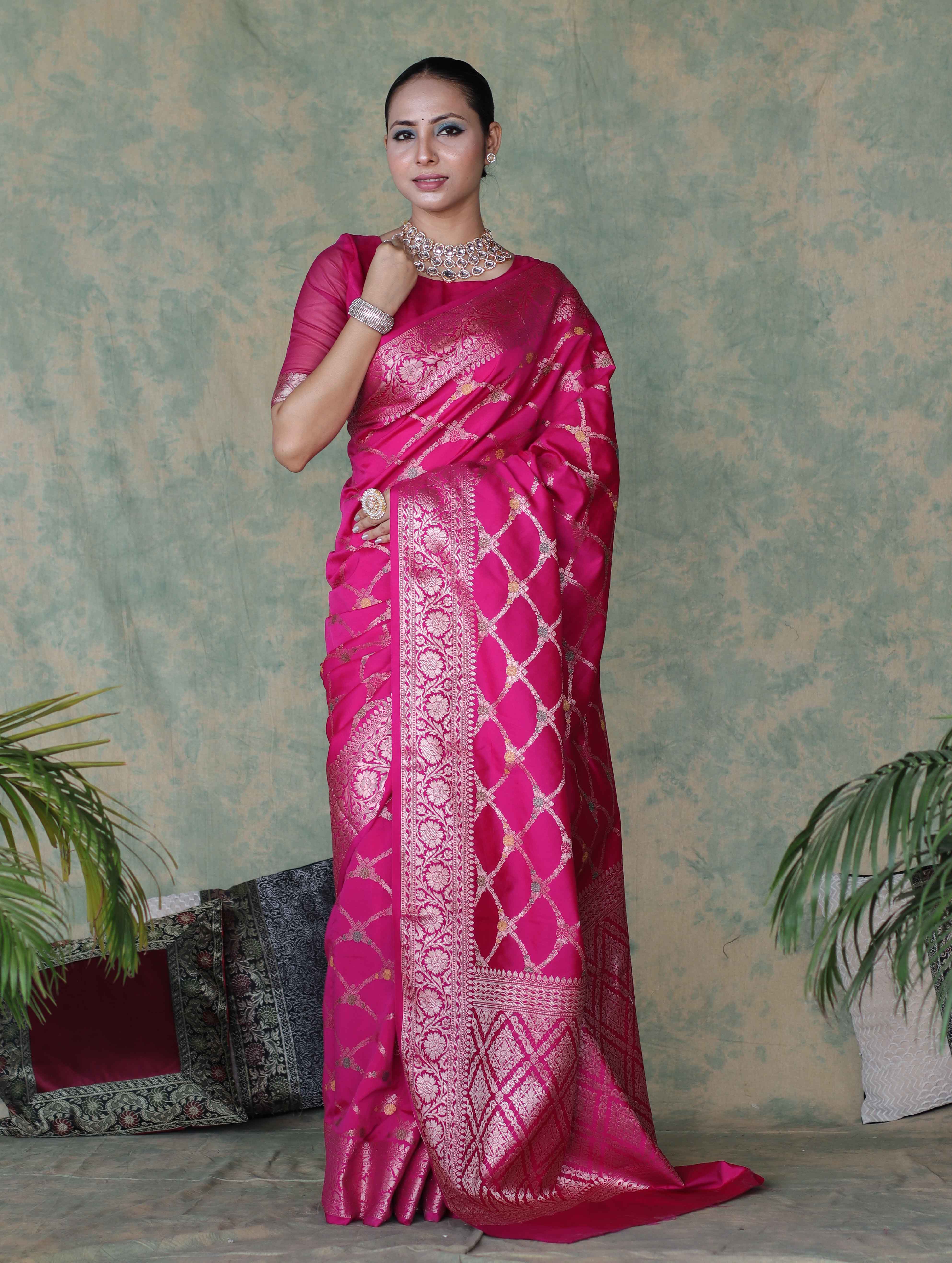 Banarasee Handloom Semi Silk Saree With Zari Jaal Work & Floral Border-Fuchsia Pink