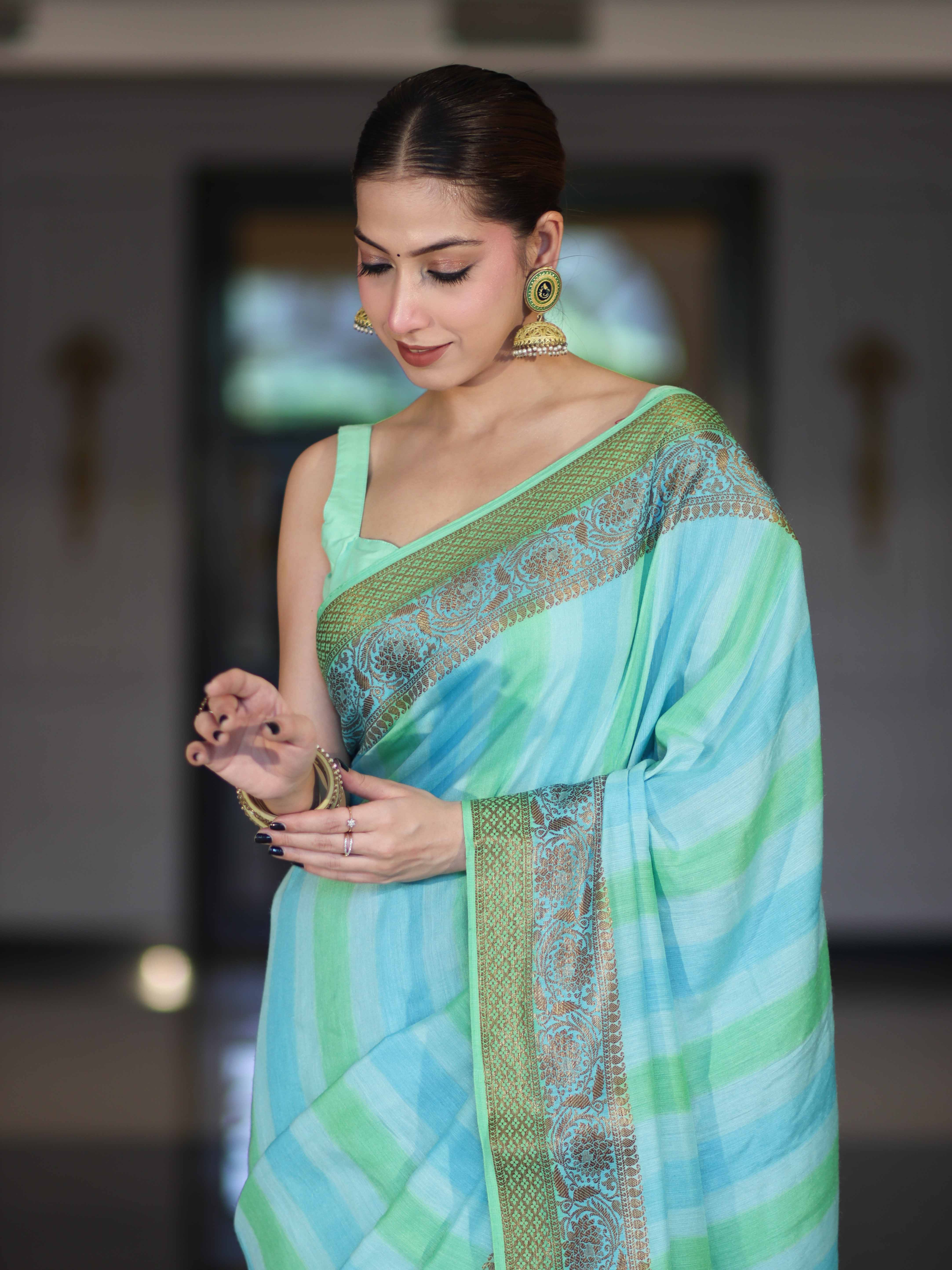 Banarasee Handloom Pure Munga Silk Hand Painted Saree With Antique Zari Work-Light Green & Blue