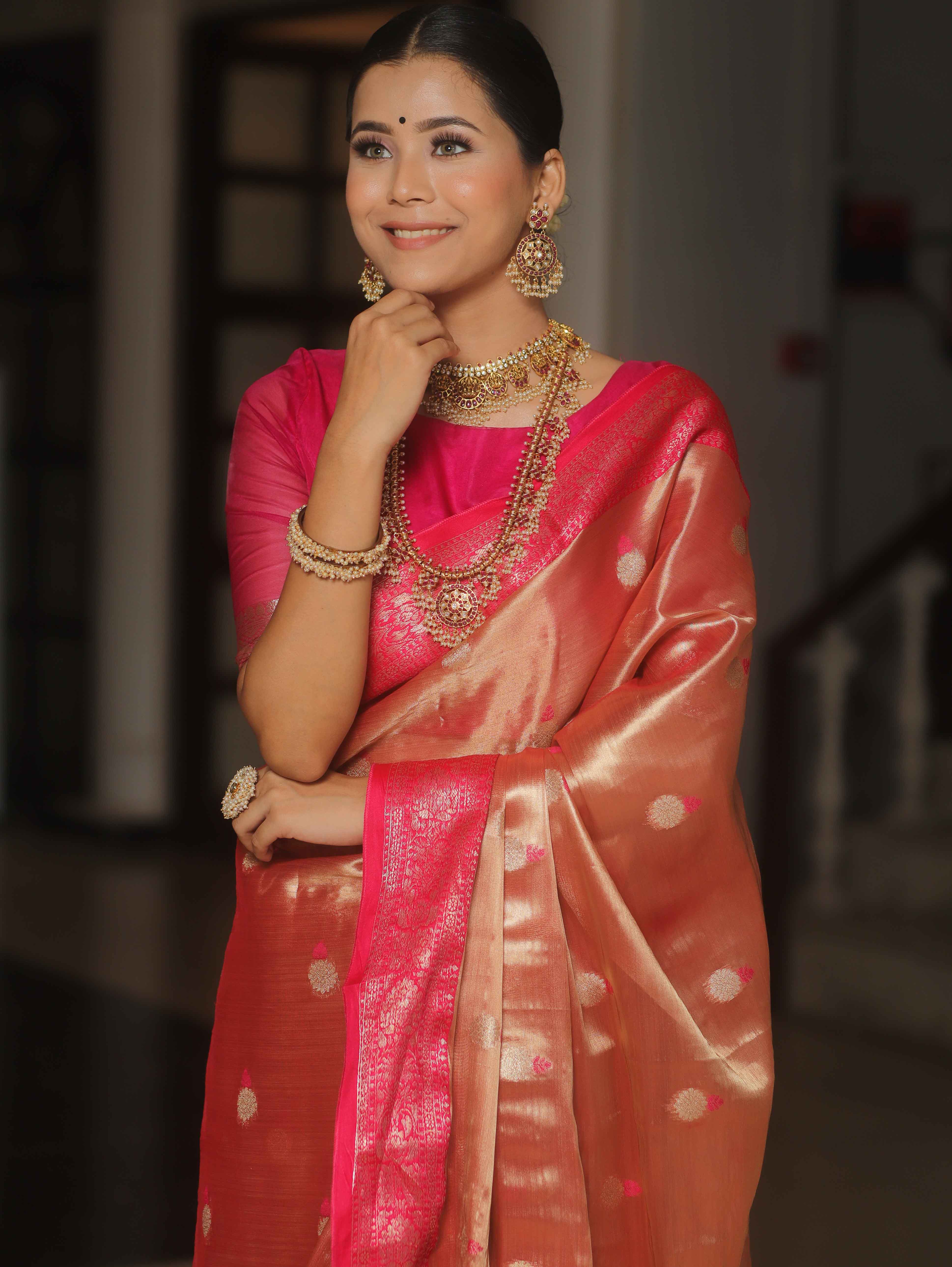 Banarasee Contrast Border Buta Design Tissue Saree-Red & Pink