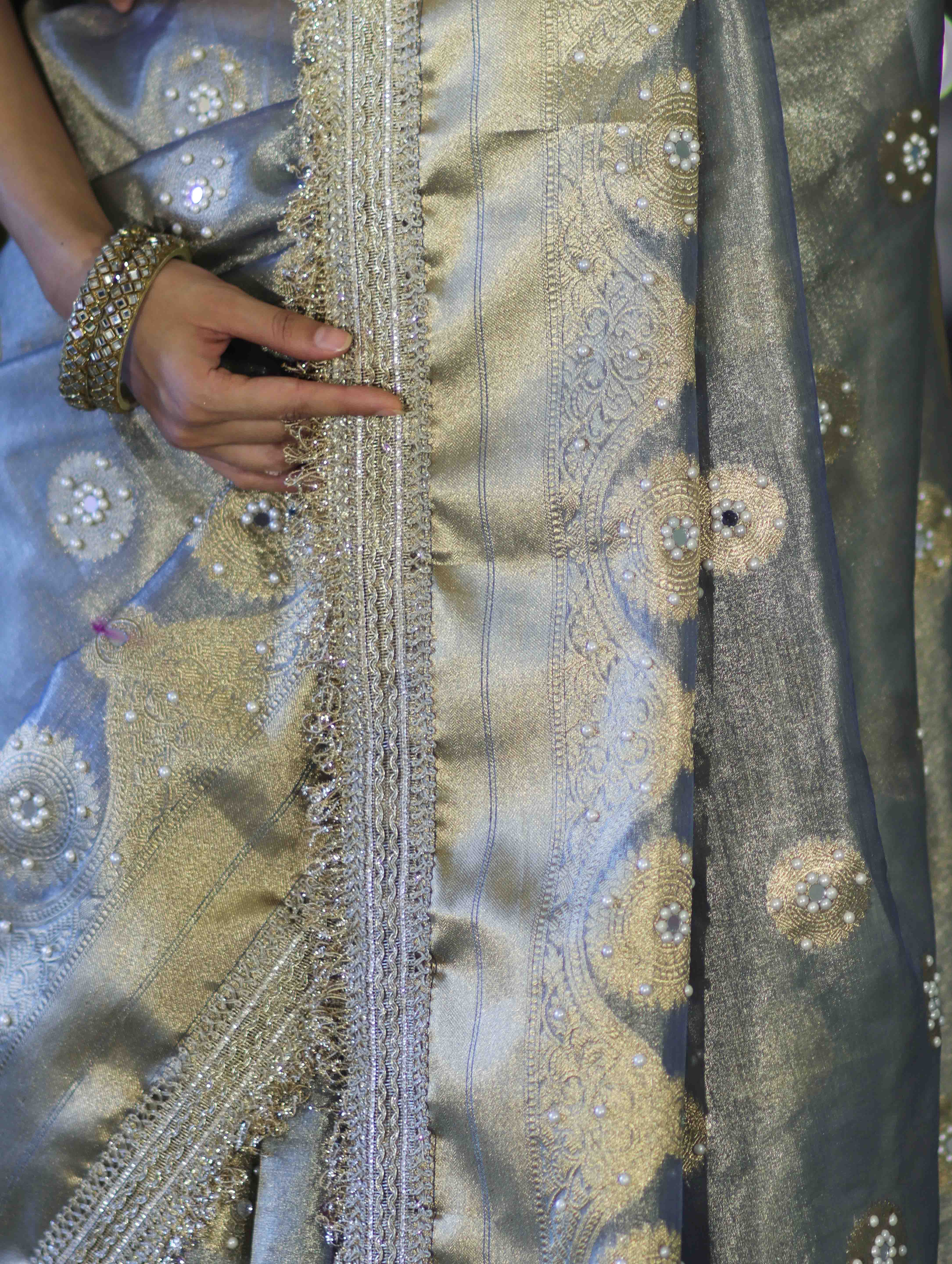 Banarasee Tissue Zari Saree With Handwork Pearl Motifs & Mirror Work-Grey (Blue Tone)