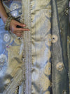 Banarasee Tissue Zari Saree With Handwork Pearl Motifs & Mirror Work-Grey (Blue Tone)