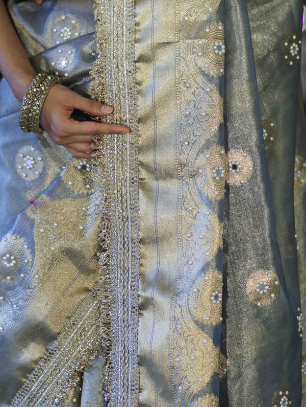 Banarasee Tissue Zari Saree With Handwork Pearl Motifs & Mirror Work-Grey (Blue Tone)
