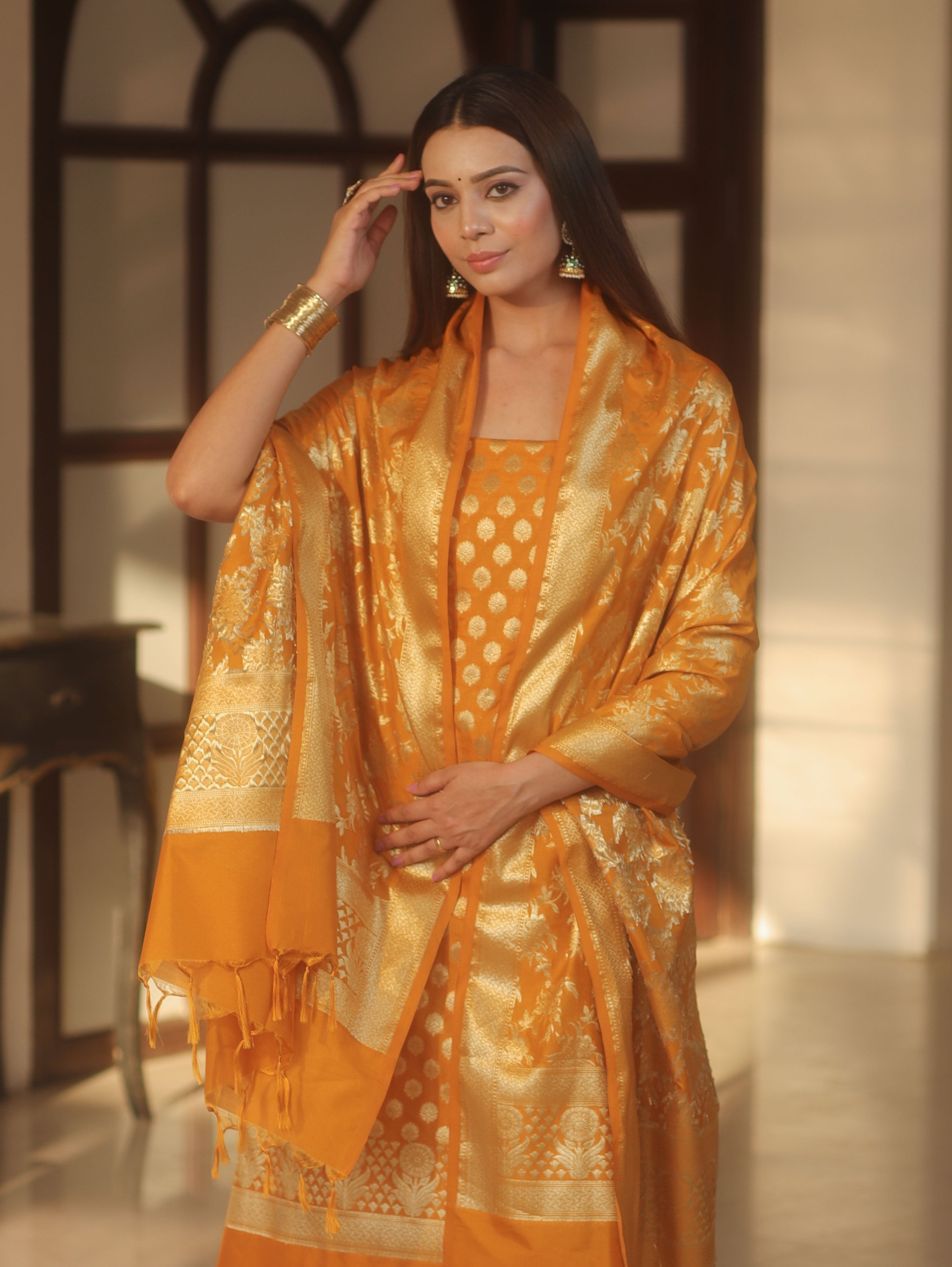 Banarasee Zari Work Semi Katan Salwar Kameez Fabric With Dupatta-Mustard Yellow