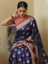 Banarasee Cotton Silk Floral Buta Ikkat Weaving Saree-Blue