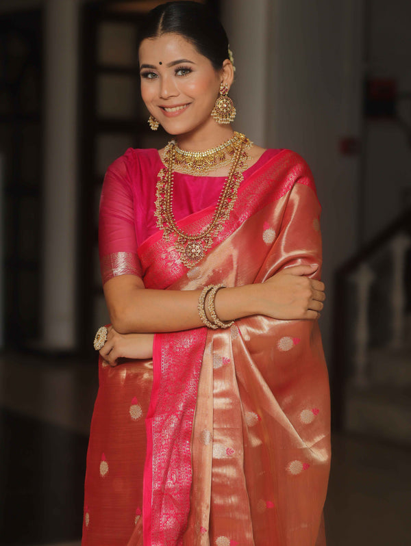 Banarasee Contrast Border Buta Design Tissue Saree-Red & Pink