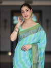 Banarasee Handloom Pure Munga Silk Hand Painted Saree With Antique Zari Work-Light Green & Blue
