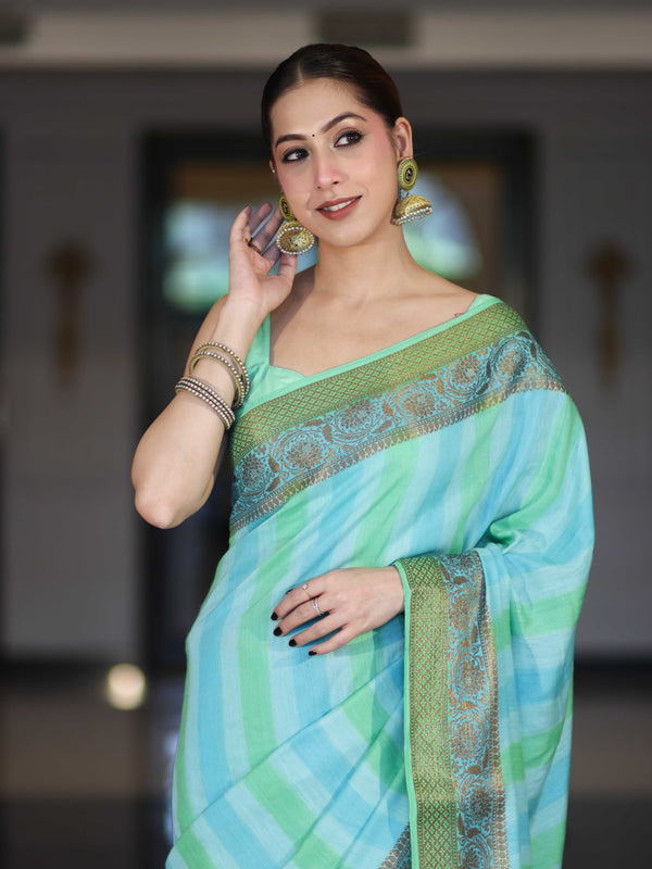Banarasee Handloom Pure Munga Silk Hand Painted Saree With Antique Zari Work-Light Green & Blue