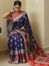 Banarasee Cotton Silk Floral Buta Ikkat Weaving Saree-Blue