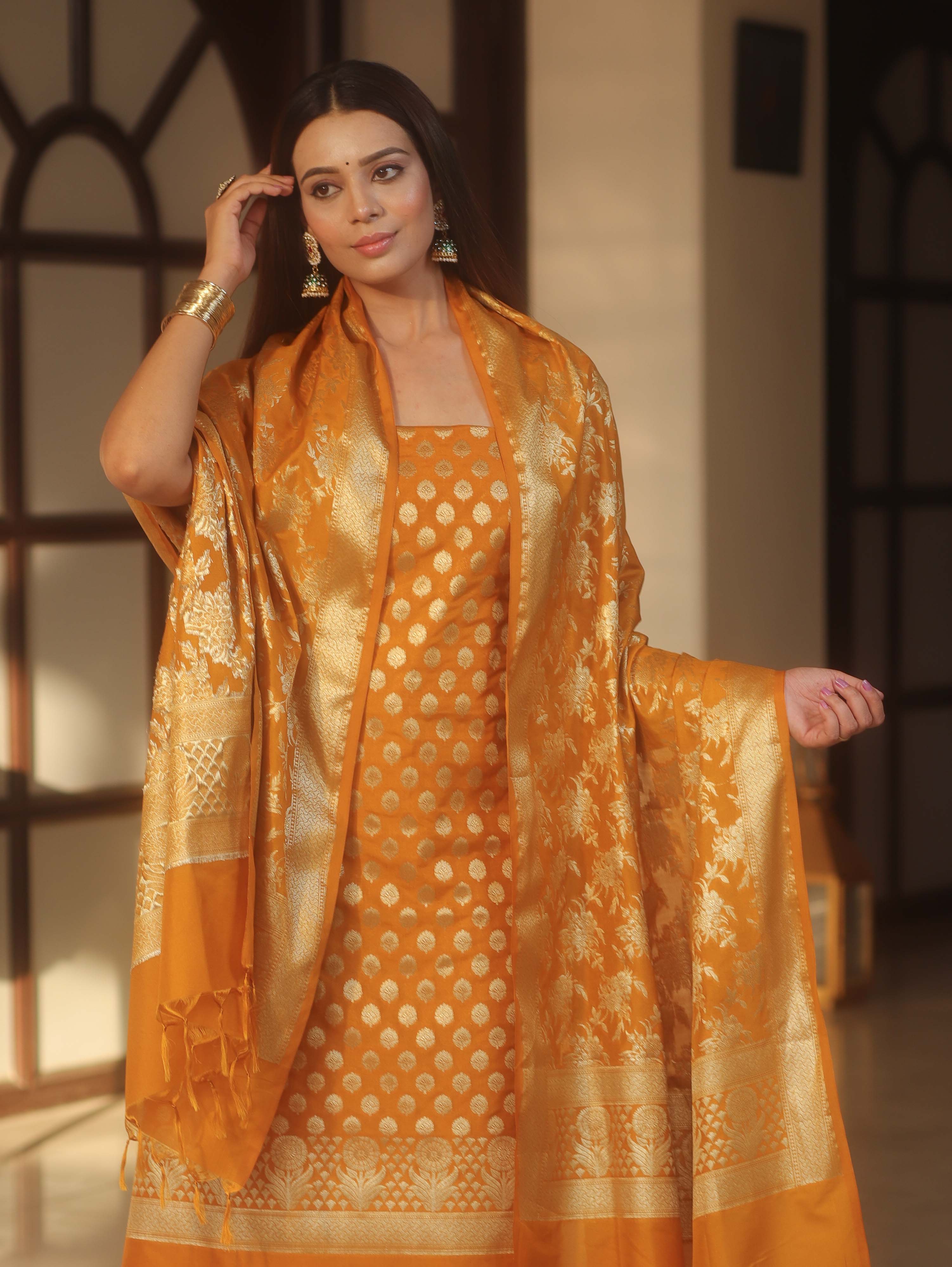 Banarasee Zari Work Semi Katan Salwar Kameez Fabric With Dupatta-Mustard Yellow