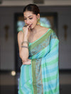 Banarasee Handloom Pure Munga Silk Hand Painted Saree With Antique Zari Work-Light Green & Blue