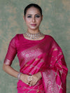 Banarasee Handloom Semi Silk Saree With Zari Jaal Work & Floral Border-Fuchsia Pink