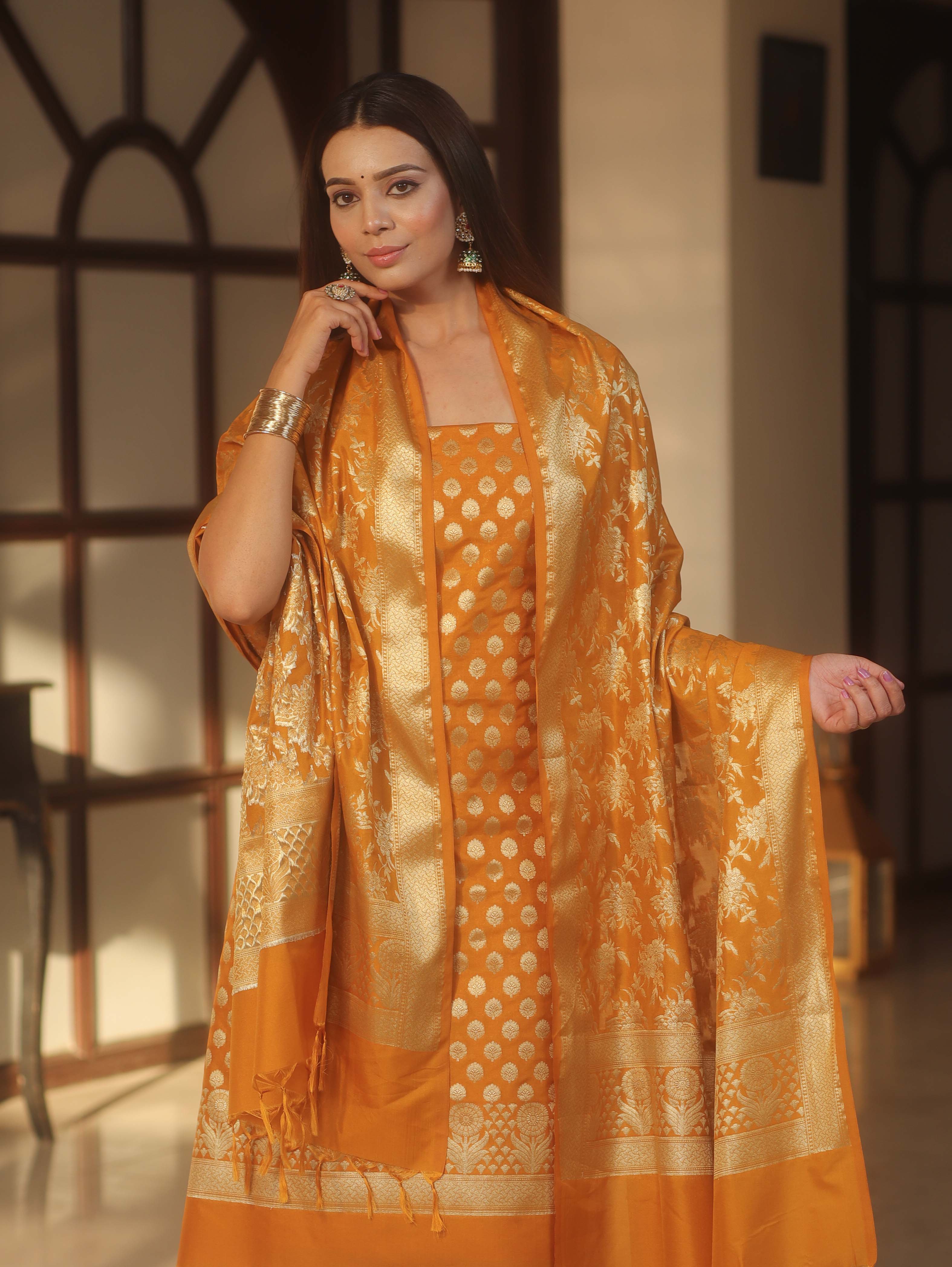 Banarasee Zari Work Semi Katan Salwar Kameez Fabric With Dupatta-Mustard Yellow
