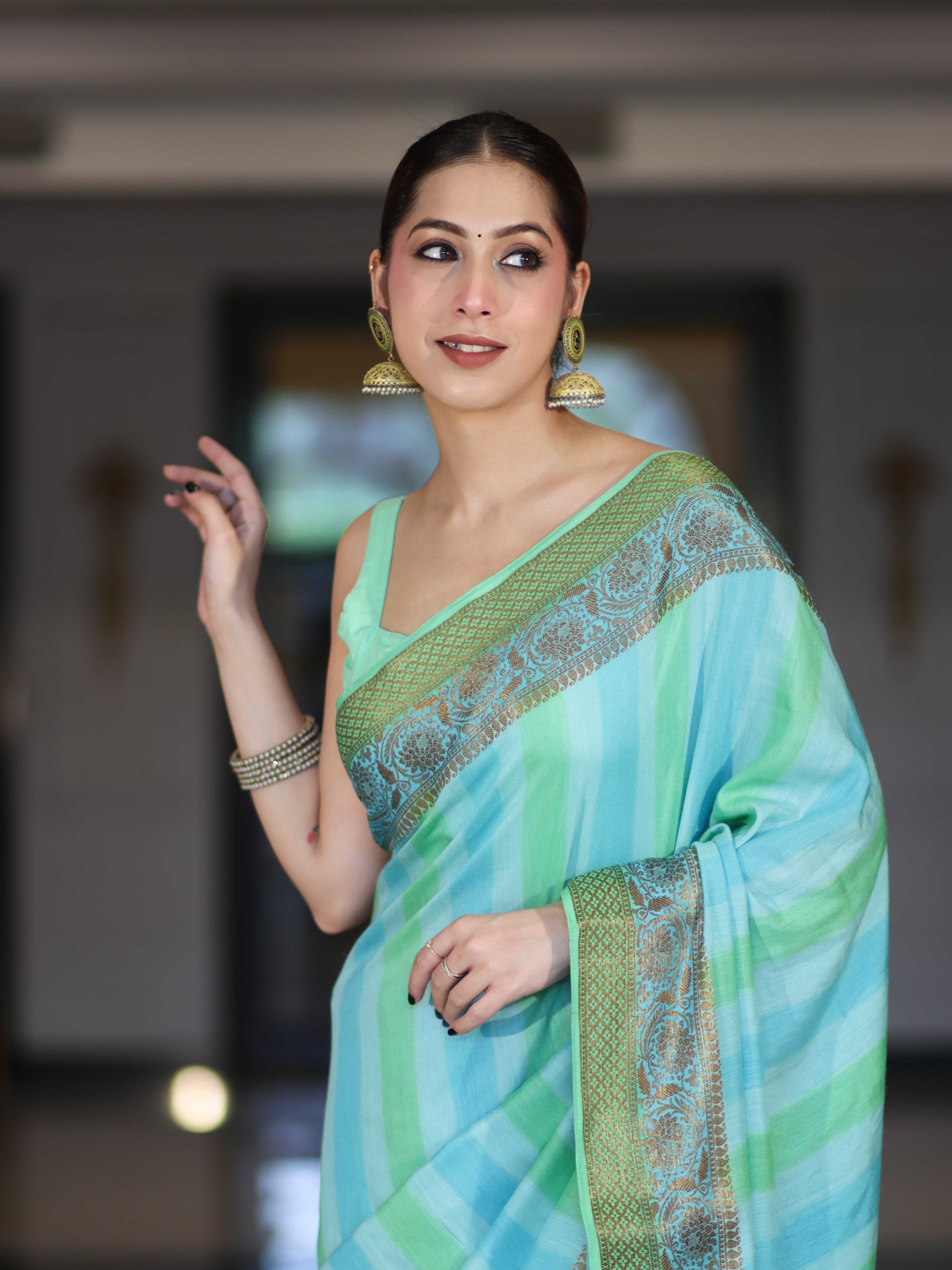 Banarasee Handloom Pure Munga Silk Hand Painted Saree With Antique Zari Work-Light Green & Blue