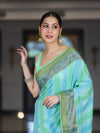 Banarasee Handloom Pure Munga Silk Hand Painted Saree With Antique Zari Work-Light Green & Blue