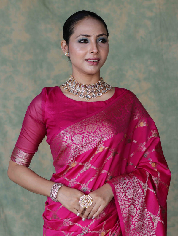 Banarasee Handloom Semi Silk Saree With Zari Jaal Work & Floral Border-Fuchsia Pink