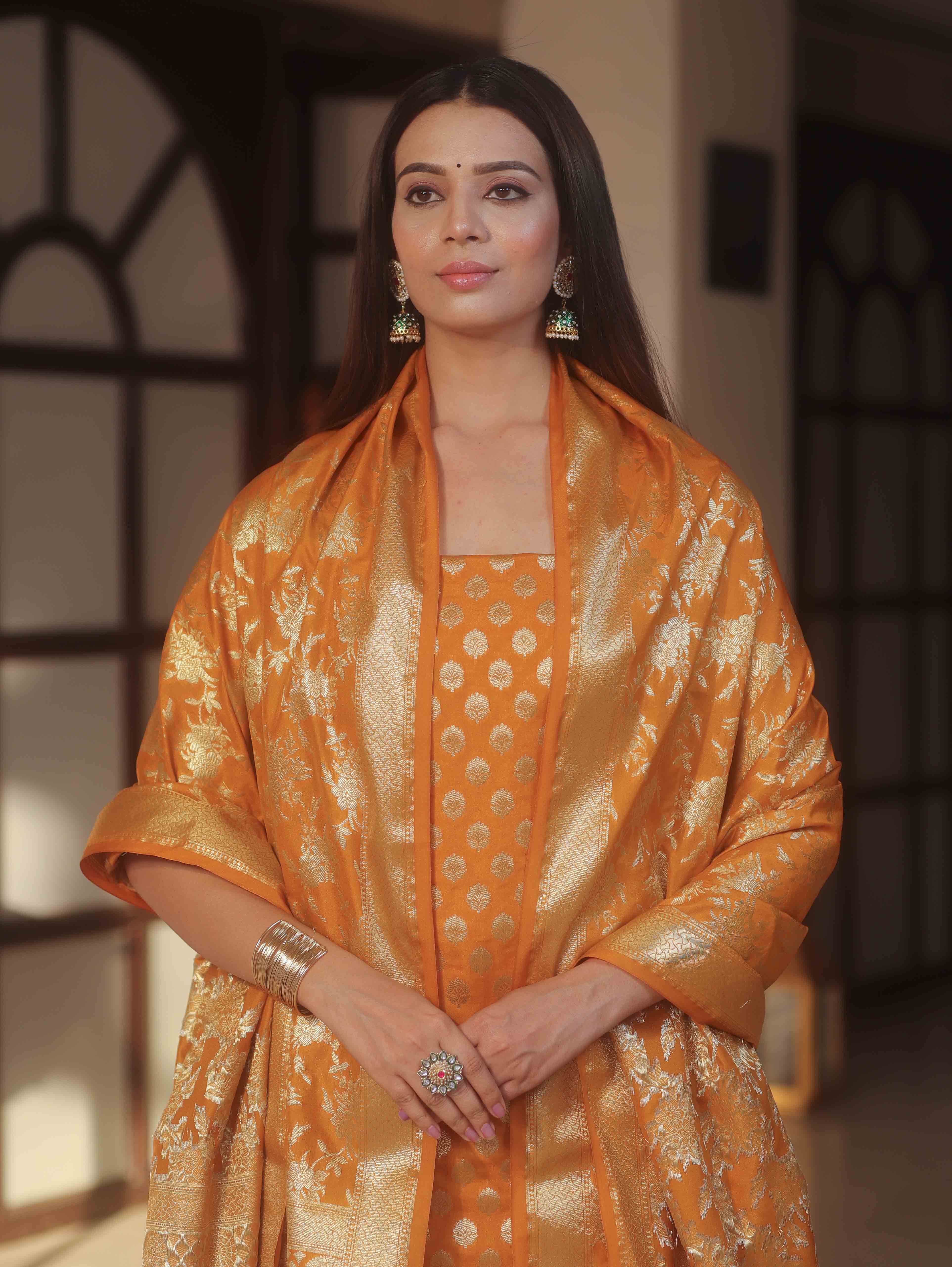 Banarasee Zari Work Semi Katan Salwar Kameez Fabric With Dupatta-Mustard Yellow