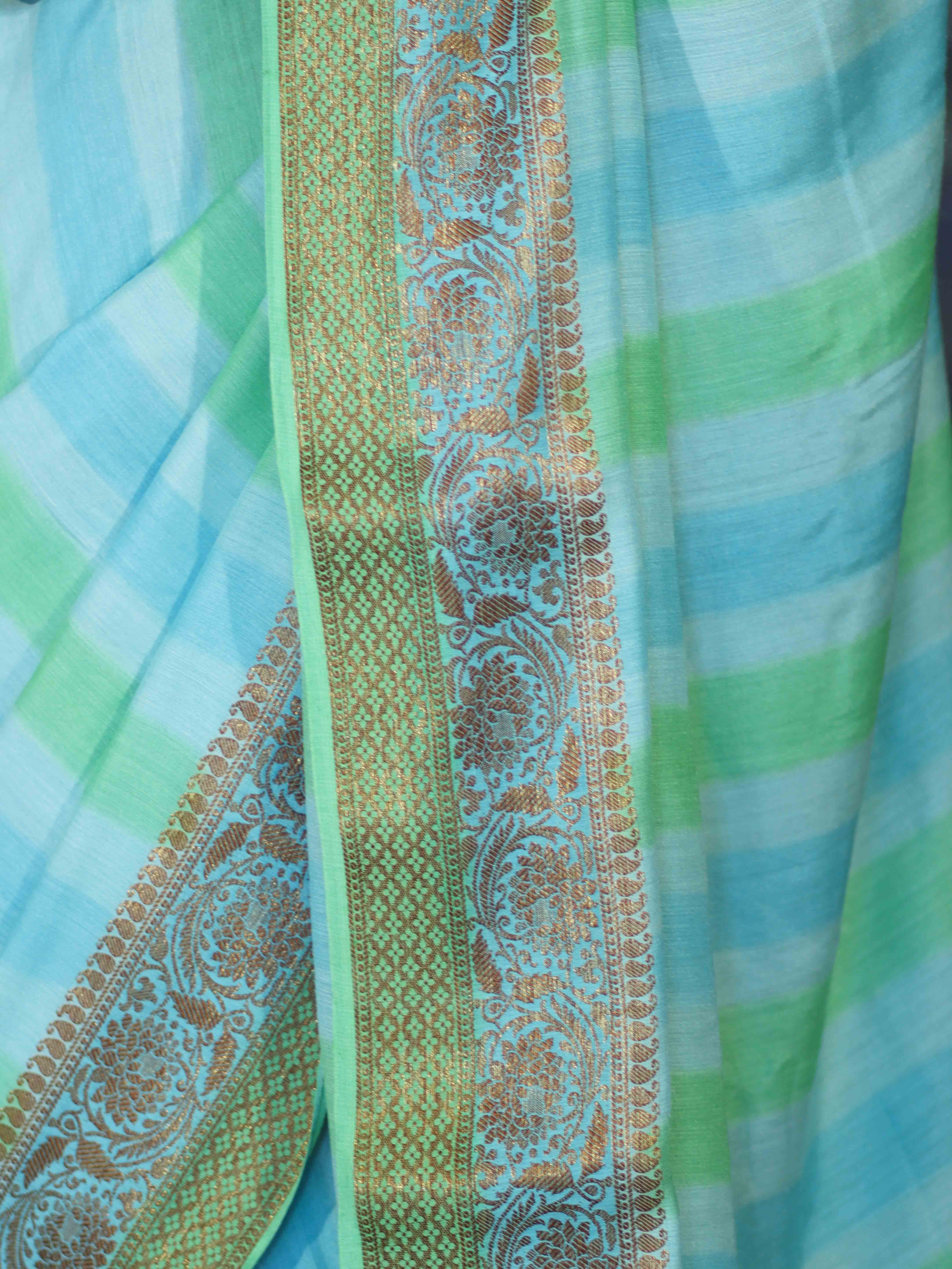 Banarasee Handloom Pure Munga Silk Hand Painted Saree With Antique Zari Work-Light Green & Blue