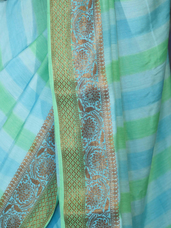 Banarasee Handloom Pure Munga Silk Hand Painted Saree With Antique Zari Work-Light Green & Blue