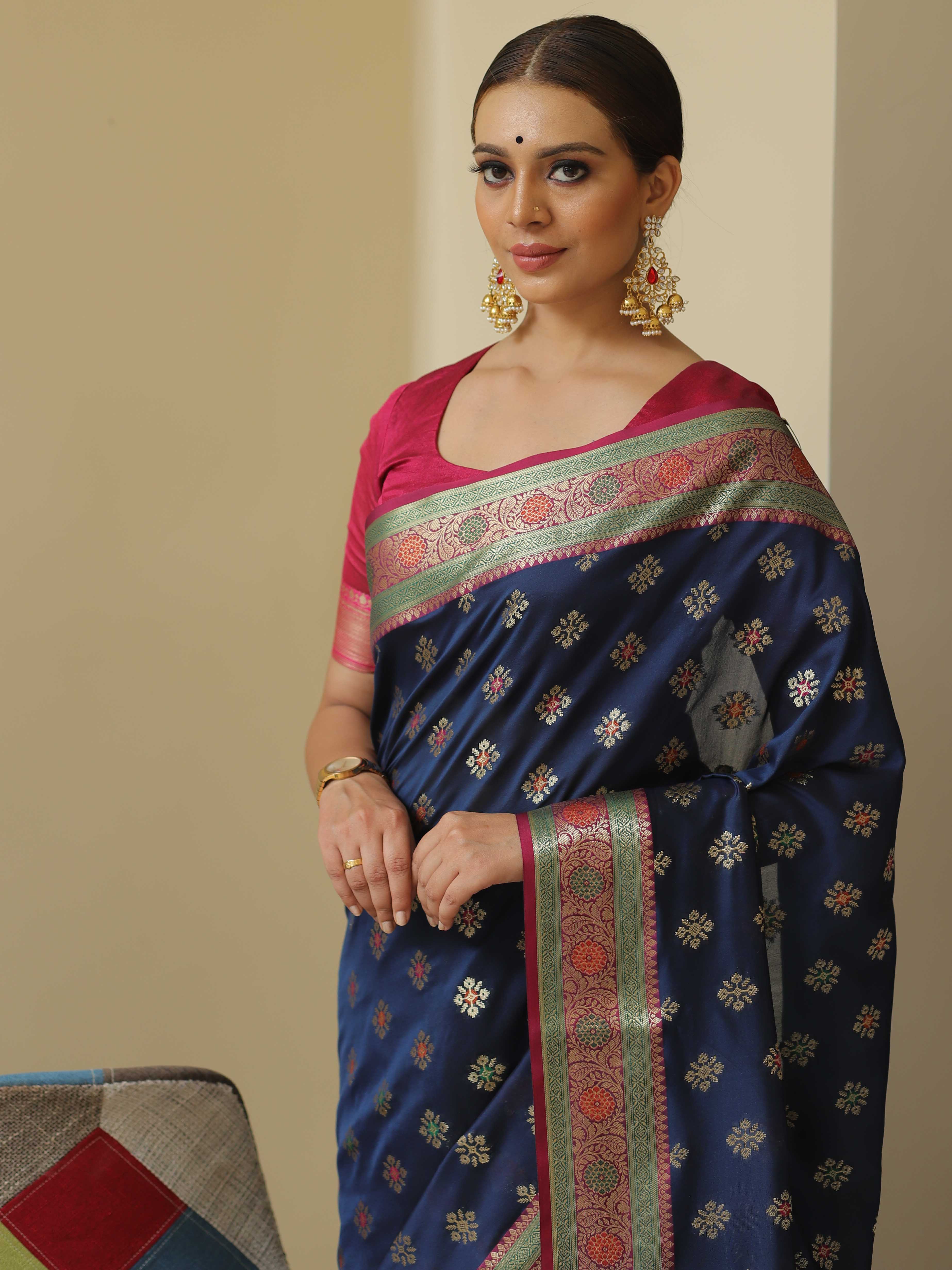 Banarasee Handwoven Semi-Katan Zari Paithani Border Saree-Blue