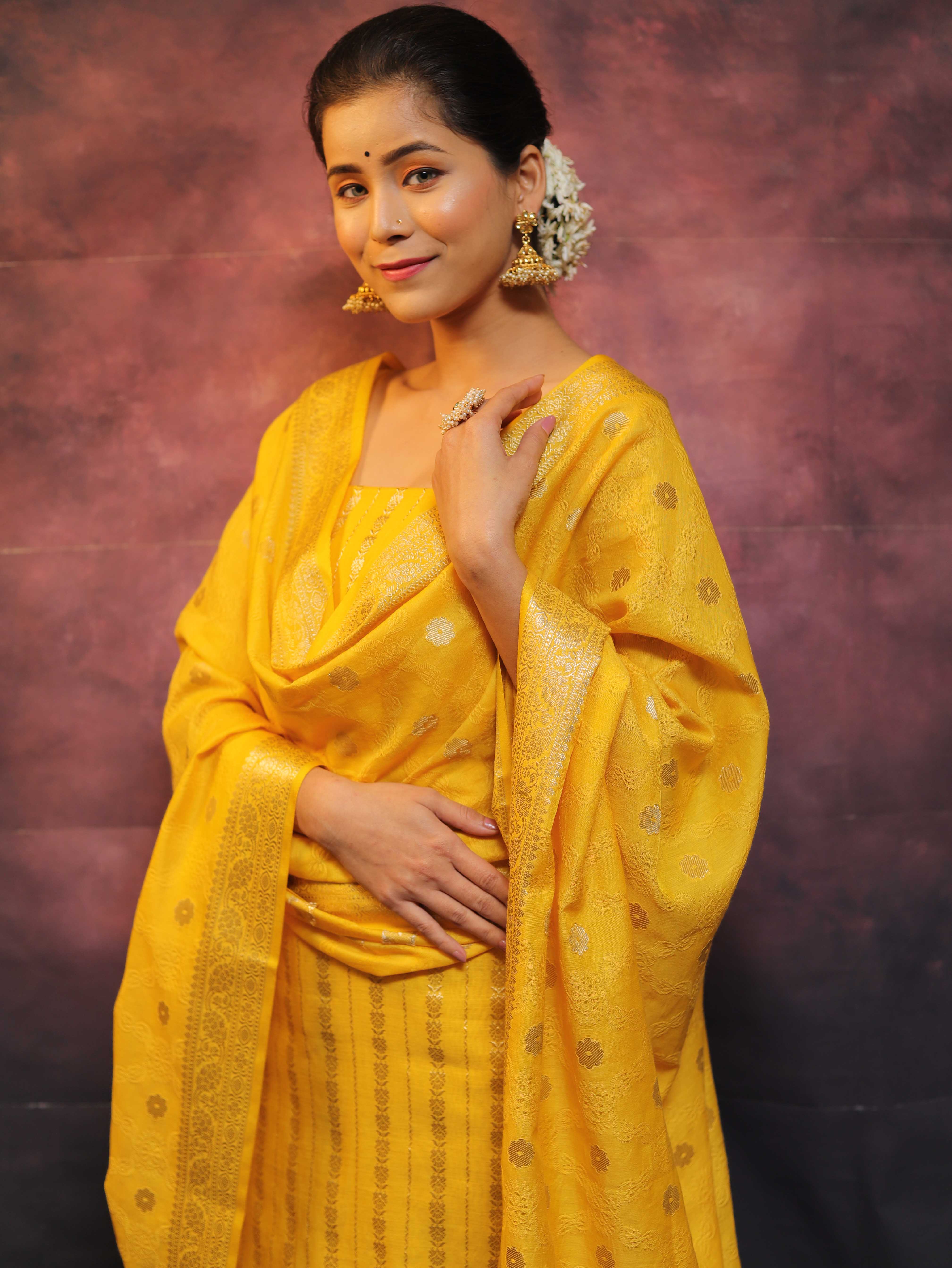 Banarasee Cotton Silk Salwar Kameez Fabric With Zari Work-Yellow