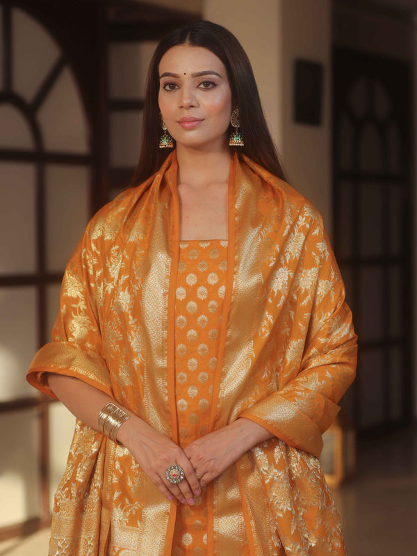 Banarasee Zari Work Semi Katan Salwar Kameez Fabric With Dupatta-Mustard Yellow