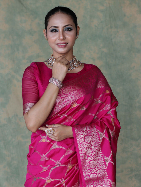 Banarasee Handloom Semi Silk Saree With Zari Jaal Work & Floral Border-Fuchsia Pink